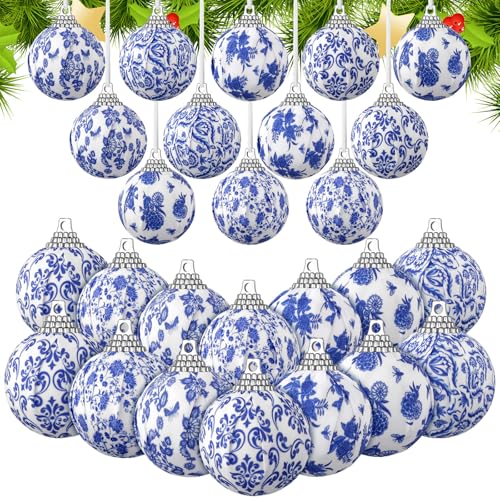 Liliful 24 Pcs Chinoiserie Christmas Ornaments Blue and White Chinoiserie Omament Blue Christmas Hanging Omament for Small Xmas Tree Decoration Wedding Holiday Party Yard Home Supplies