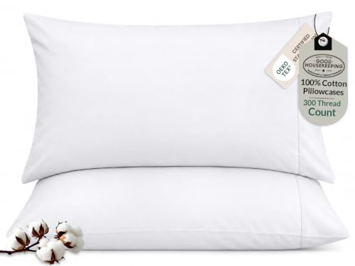 "ROYALE LINENS 300 Thread Count 100% Long Staple Combed Cotton Pillowcases Set of 2 - Ultra Soft - Queen Bed Pillow Cover - 20""x30"" - Breathable, Cool & Crisp Percale White Pillow Cases (Queen, White)"