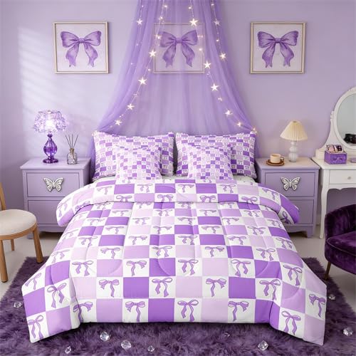 Erosebridal Square 7 Piece Bedding Set Full Bowknot Comforter Set with Sheets Kawaii Cute Girls Ribbon Bow Simple Bed in a Bag Plaid Check Geometric Purple for Kids Girls Women