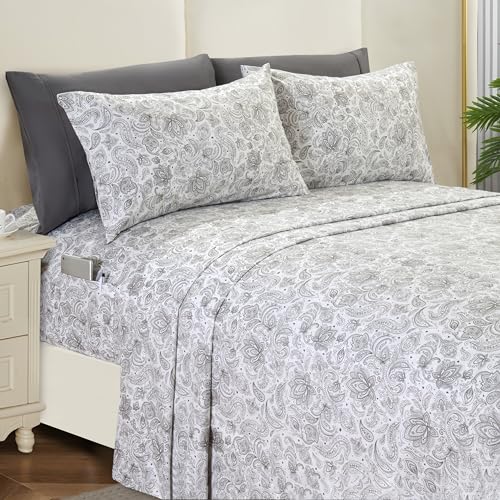 Elegant Comfort Softest and Coziest 6-Piece Sheet Set - 1500 Premium Hotel Quality Microfiber - Deep Pocket, Wrinkle Resistant 6-Piece Paisley Pattern Bed Sheet Set, California King, Paisley Gray
