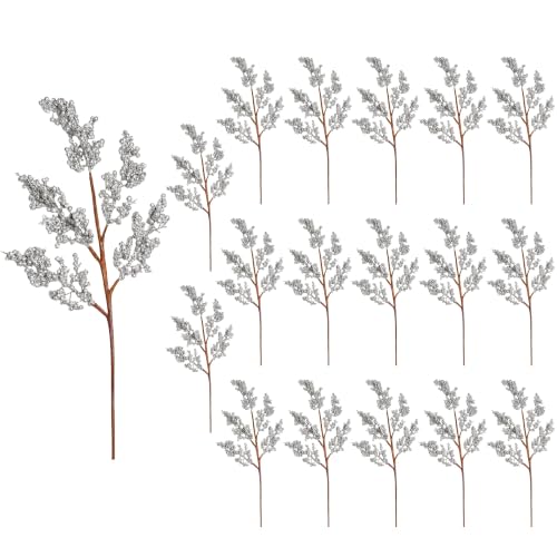 SHATCHI Christmas Tree Small Berry Picks, Glitter Stems, 50cm Silver, 18Pcs - Glitter Berry Clusters, Artificial Branches for Wreaths, Garlands, Vases, Table Centrepieces, Festive Floral Arrangements