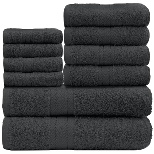 GC GAVENO CAVAILIA 10 Piece Towel Bale Set - Quick Drying Cotton Towel Highly Absorbent 450 GSM Charcoal Towels Set - Bathroom Towels Bale Set 4x Face 4x Hand 2x Bath Towels