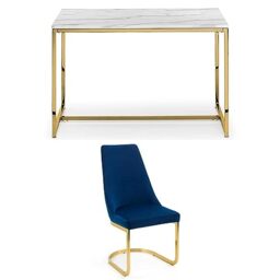 Julian Bowen Set of Scala Gold Table and 4 Blue Vittoria Chairs