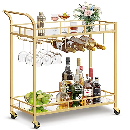 VASAGLE Drinks Trolley, Bar Cart, Serving Trolley with 2 Mirrored Shelves, Wine Holders, Glass Holders, for Home Bar, Kitchen, Dining Room, Gold LRC090A03