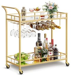 VASAGLE Drinks Trolley, Bar Cart, Serving Trolley with 2 Mirrored Shelves, Wine Holders, Glass Holders, for Home Bar, Kitchen, Dining Room, Gold LRC090A03