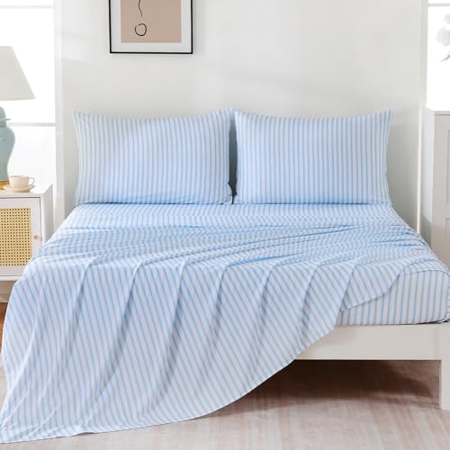 "MCO 4Pieces Striped Sheets Set, Breathable King Sheet Set with 16"" Deep Pocket,Modern & Luxury, Brushed Microfiber Bedding Set(King, Blue Simple)"