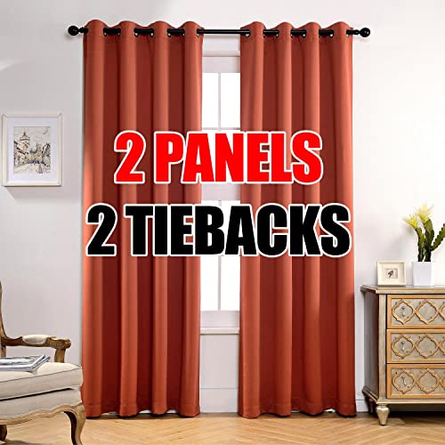 MIUCO 1 Pair Thermal Insulated Grommet 52-Inch-by-95-Inch Blackout Window Curtain Panels with 2 Tie Backs, Rust