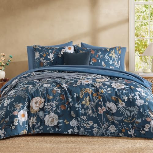 Full Size Comforter Sets-7 Pieces Blue Floral Bed in a Bag Full Bedding Set - All Season Botanical Texture Flowers Comforter Set with Sheets, Pillowcases & Shams