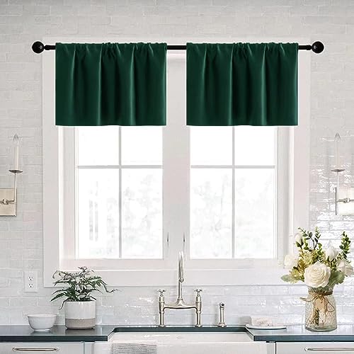XTMYI Christmas Valances for Windows Kitchen 2 Pack Pine Green Holiday Xmas Decor Heavy Cold Blocking Thermal Insulated Winter Curtains for Living Room,Emerlad Dark Green