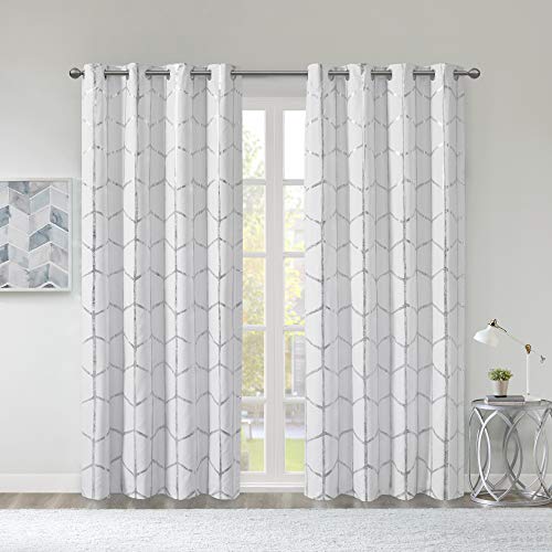 Intelligent Design Raina Total Blackout Metallic Print Grommet Top Single Curtain Panel Thermal Insulated Light Blocking Drape for Bedroom Living Room and Dorm, 50x84, White/Silver 1 Piece