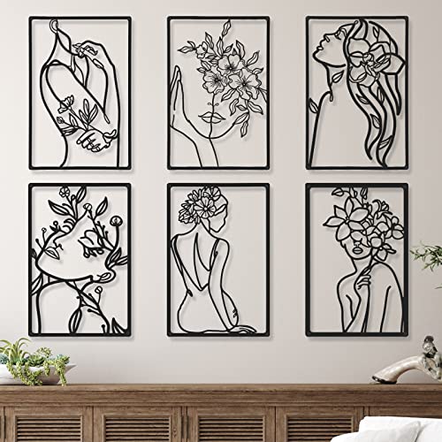 Cindeer 6 Pieces Black Metal Bedroom Wall Decor Minimalist Metal Wall Art Modern Abstract Woman Line Art Living Room Decor Aesthetic Female Bedroom Pictures Sculpture Line Drawing Hanging