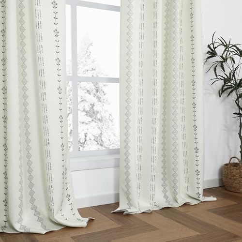 Cream and Black Curtains for Bedroom,Blackout Boho Curtains 63 Inches Long for Living Room