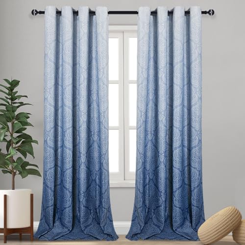 DWCN Ombre Blackout Curtains for Living Room - Thermal Insulated Block Light Energy Saving Privacy Gradient Damask Grommet Window Curtains for Bedroom, Set of 2 Panels, 52 x 102 Inch Length, Navy Blue