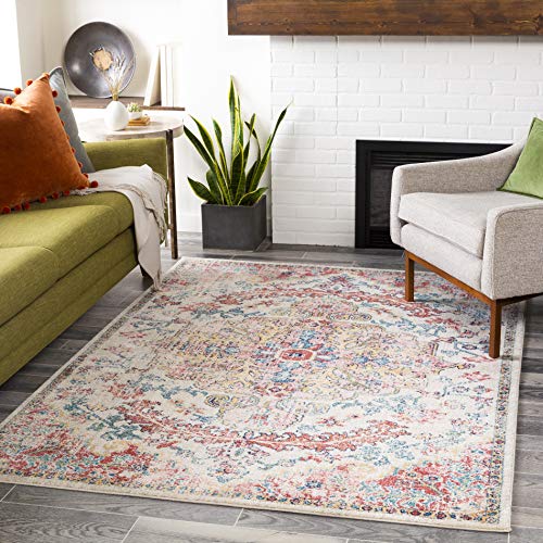 Livabliss Maverick Manama Vintage Style Floor Covering 200x275 cm – Traditional Boho Pattern for Living Room, Dining & Kitchen, Easy Care, Red, Off-White, Blue & Saffron