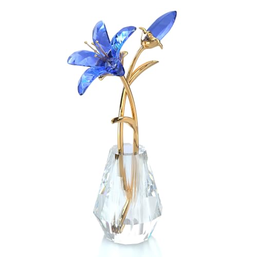 Ornalrist Crystal Tiger Lily Flowers with Vase Metal Stem Blue Lily Flower Collectible Gifts for Women, Glass Lilium Floral Figurines for Home Anniversary Party Decor