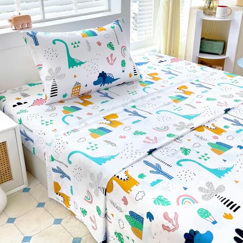 Homilay Twin Sheet Set Kids - Dinosaur 3 Pieces Soft Microfiber Cartoon Style Bedsheets for Boys Girls Teens, Oeko TEX Breathable 15 Inch Deep Pocket Sheets(Jurassic Period)
