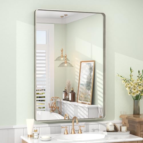 VANLIO 24x36 Inch Brushed Nickel Bathroom Mirror, Brushed Silver Metal Framed Wall Mirror, Rounded Corner Rectangle Vanity Mirror, Tempered Glass, Anti-Rust, Shatterproof (Horizontal/Vertical)