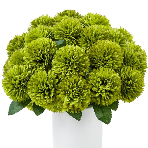 SITUMEIZI 12 Pcs Green Artificial Chrysanthemums Flowers Ball Flower Fake Mums Silk for Wedding Home Kitchen Decoration Floral Arrangement