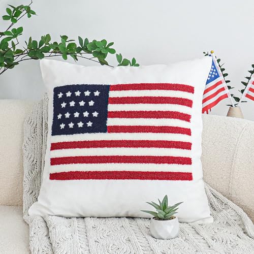 Jonhier 4th of July Throw Pillow Cover, Independence Day Patriotic Throw Pillow Case Tufted American Flag Pattern, Textured Cushion Cases Memorial Day Flag Day Decor for Sofa Bed (White, 18??? x 18???)