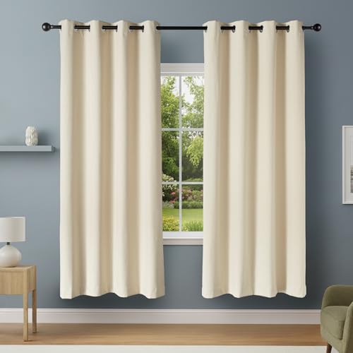 Amazon Basics 100% Blackout Curtains for Living Room & Bedroom, Eyelet Curtains, 2 Panels, 132 x 213 cm, Beige
