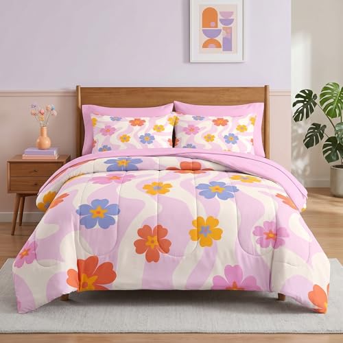 Pamnest Queen Size Comforter Set, Retro Daisy Pink 7 Pcs Bedding, Hippie Aesthetic Kids & Adults Bed Sheet Sets with Fitted Sheet 2 Pillowcases & 2 Shams