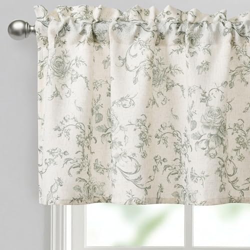JIUZHEN Thick Textured Linen Floral Valance for Kitchen/Living Room/Bedroom???Rod Pocket French Farmhouse Light-Filtering Valance Curtain???Green Rose ???52 x 18 Inches,1 Panel