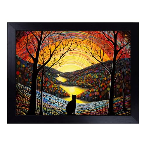 Lap Tray with Bean Bag Cushion, Cat Landscape Art - Handmade in the UK, Raised Wooden Edge, Padded Cushion, Heat-Resistant Wipe-Clean Surface, for Meals, Laptops and Crafts