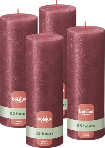 Bolsius Rustic Pillar Candle - Shimmer Red - Pack of 4 - Long Burning Time of 85 Hours - Interior Decoration - Unscented - Includes Natural Vegan Wax - No Palm Oil - 19 x 7 cm