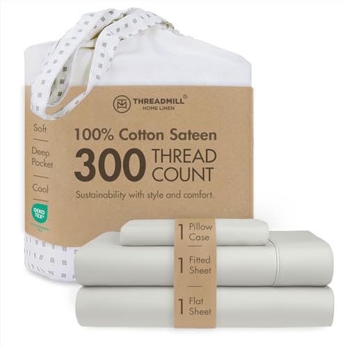Threadmill Twin-XL Sheets - Pure Long Staple Cotton Sateen Weave, 3 Piece 300 Thread Count Bedding Set, Solid Light Grey Sheets with Elasticized Deep Pocket