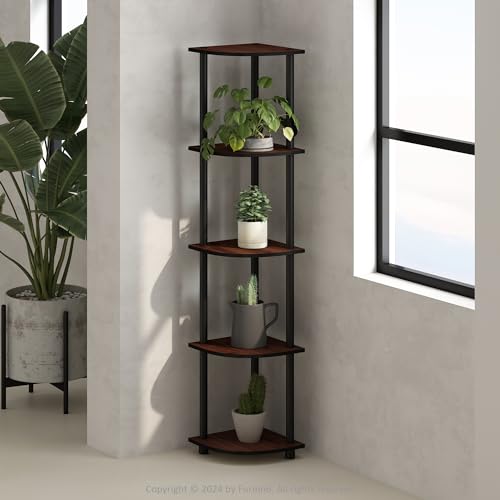 Furinno TURN-N-TUBE Corner Shelf, 5-Tier Corner Bookshelf, Open Storage Shelves, for Organization and Storage, Living Room, Home Office, Garage, Bedroom, Dark Cherry