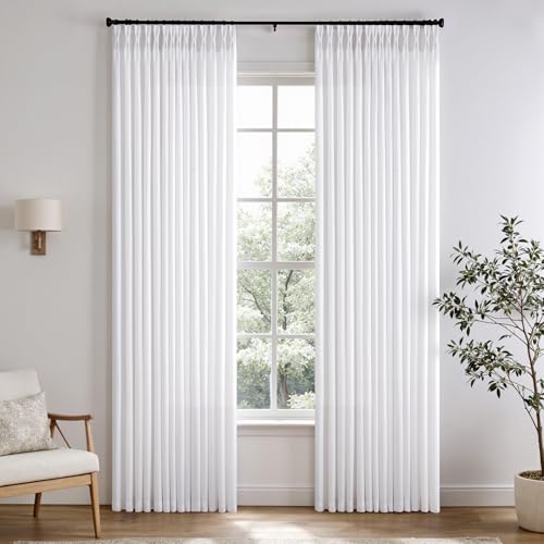 White Pinch Pleated Linen Sheer Curtains 92 Inches Long, Memory Shape Pleated Curtains Living Room Bedroom, Natural Textured Thick Semi Sheer Privacy Curtain Drapes Farmhouse Light Filtering Curtain