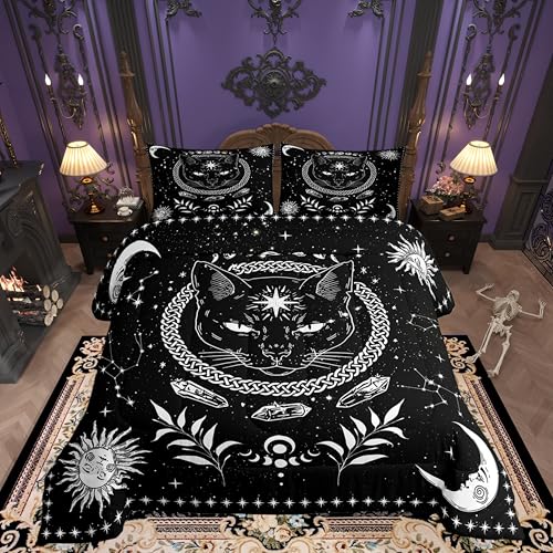 Mysterious Cat Animal 3 Pcs King Size Comforter Set,Boho Exotic Tribal Abstract Art Down Alternative Adults Bedroom Decor,Boho Exotic Tribal Abstract Art Ultra Soft Microfiber Inner Fill 3Pcs Bedding