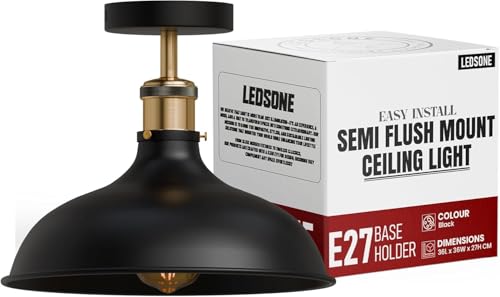 LEDSone Semi Flush Mount Ceiling Light with E27 Base Metal 36cm Black Lampshade Industrial Vintage Ceiling Lighting Fixture for Kitchen, Bedroom, Dining Room with Bulb