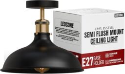 LEDSone Black Semi Flush Ceiling Light 36cm Metal Curved Shade with Bulb