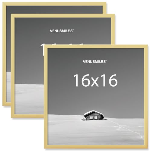 Venusmiles 16x16 inch Picture Frame, 16x16 Photo Frames with 12x12 Removable Mat - High Definition Plexiglass - Vertical and Horizontal Display - Wall Hanging Frame - Gold, 3 Pack