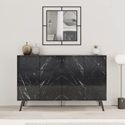 HOCUS PICUS Modern Sideboard with 4 Doors Storage Cabinet for Living Room, Dining Room, Office, Easy Assembly and Multipurpose Design Display Unit Sturdy Multicolor Options (Black Marble Effect)