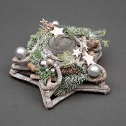 SHATCHI Star Shape Wooden Candle Holder Tabletop Centrepiece Christmas Holiday Home Decorated with Red/Silver Baubles, Berries and Cones (34cm/24cm), Wood, 24x24x11 cm