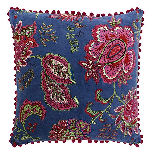 "Riva Paoletti Malisa Square Feather Filled Cushion Paisley Indian Print-Faux Velvet Fabric-Pink Pompom Edges-Machine Washable-100 (20"" x 20"" inches), Cotton, Smoke Blue, 50 x 50cm"
