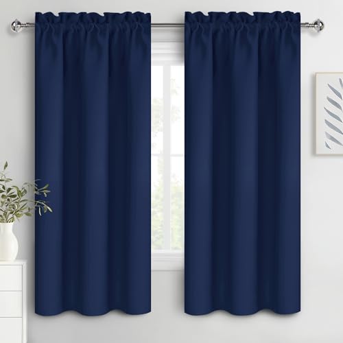 DWCN Blackout Curtains for Bedroom - Thermal Insulated Privacy Energy Saving Rod Pocket Drapes for Living Room, W 38 x L 72 Inch, Navy Blue, Set of 2