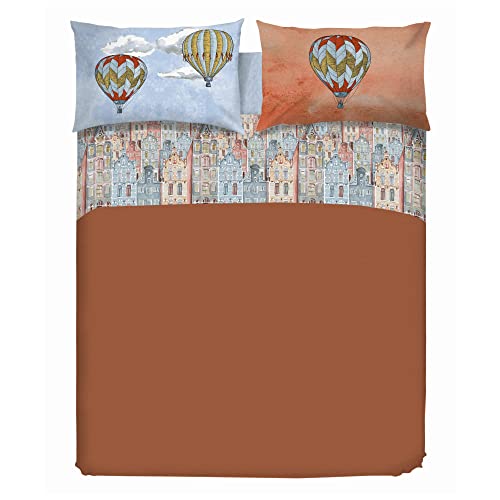 PENSIERI DELICATI Double Bed Sheet Set, 100% Cotton, 180 x 200 cm, Includes Bottom Sheet, Top Sheet and 2 Pillowcases, Made in Italy, Flying Orange Pattern
