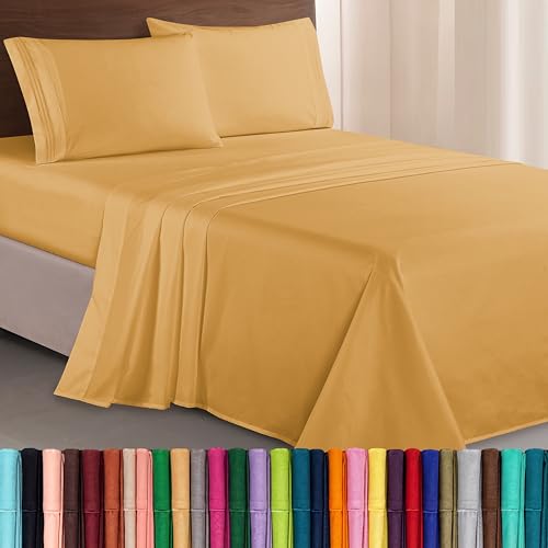 Elegant Comfort Luxurious 1500 Premium Hotel Quality Microfiber Three Line Embroidered Softest 4-Piece Bed Sheet Set, Wrinkle and Fade Resistant, Full, Camel-Gold