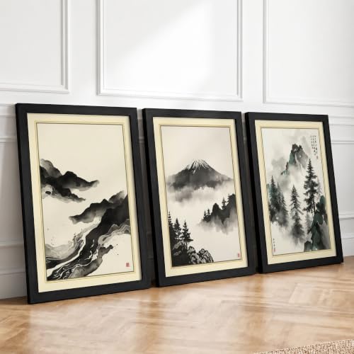 Misty Mountain Peaks Japandi Set of 3 Framed Wall Art Prints A3