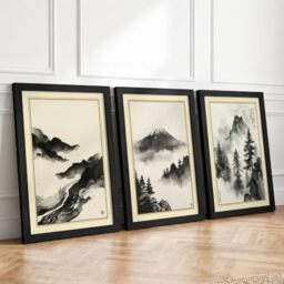 Misty Mountain Peaks Japandi Set of 3 Framed Wall Art Prints A3