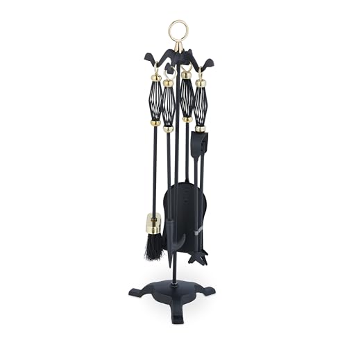 Relaxdays Fireplace Tool Set, 5-Pieces, Poker, Ash Shovel, Broom, Stand, Tongs, Iron, Sturdy Base, Baroque, Black/Gold, 68 x 20 x 20 cm