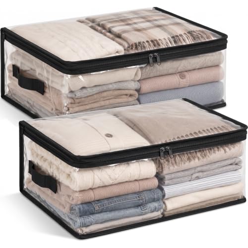 Fixwal 2pcs Small Comforter Storage Bags with Zipper 35L Capacity, Clear Plastic Closet Storage and Organizers for Clothing Sweaters Bedding Blankets