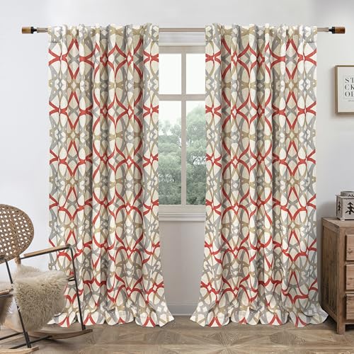 DriftAway Alexander Blackout Curtains for Living Room Linen Blend Pattern Match Thermal Insulated Room Darkening Geo Moroccan Mid Century Back Tab Bedroom Drapes 2 Panels 52 x 96 Inch Linen Red