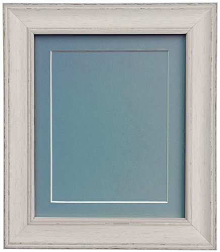 Scandi Distressed Pale Grey Picture Photo frame with Blue Mount and Backing Board 14 x 11 inch For Image Size A4