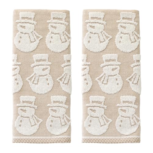 SKL Home Christmas/Winter Snowman Jacquard 100% Cotton Reversible 2pc Hand Towel Set, Soft & Absorbent, Decorative for Bath/Kitchen/Bar & Gift, Tan