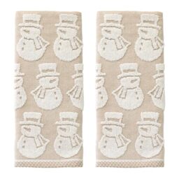 SKL Home Christmas/Winter Snowman Jacquard 100% Cotton Reversible 2pc Hand Towel Set, Soft & Absorbent, Decorative for Bath/Kitchen/Bar & Gift, Tan