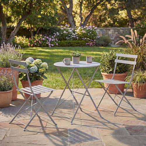 Garden Vida Porto 2 Seater Metal Folding 3 pcs Bistro Set For Garden, Patio And Balcony (Light Grey)